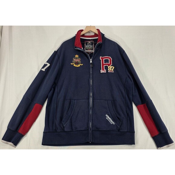 Vintage 90s Rugby USA Starter Jacket Varsity Letterman Patches Zip Navy Blue 2XL - Picture 1 of 16